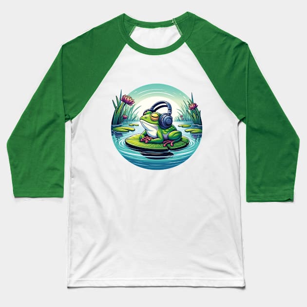 Chill Vibes Frog - Zen Music Lover Amphibian Illustration Baseball T-Shirt by Kicosh